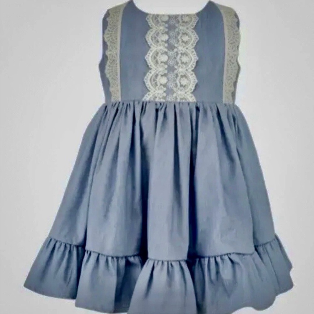 NWT Popatu Blue Chambray Ruffle Hem Dress With Lace Bodice Size 24 Months